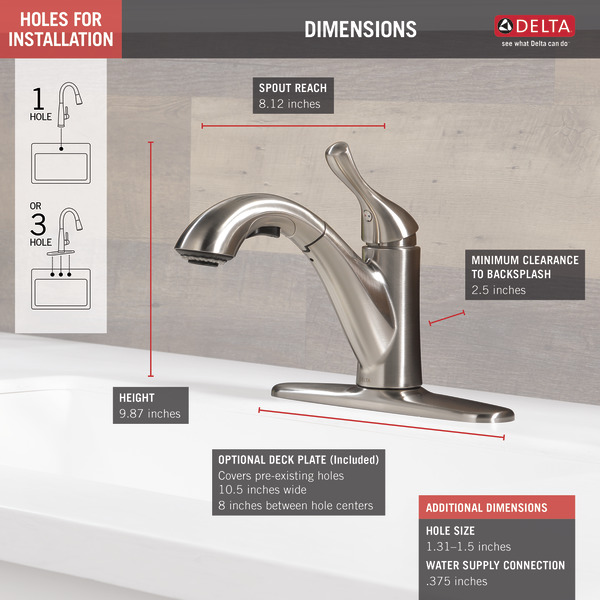 Delta 16953-SS-DST Kitchen Faucet, 1.8 gpm, 1-Handle, Metal, Stainless, Deck, Lever Handle, Swivel Spout