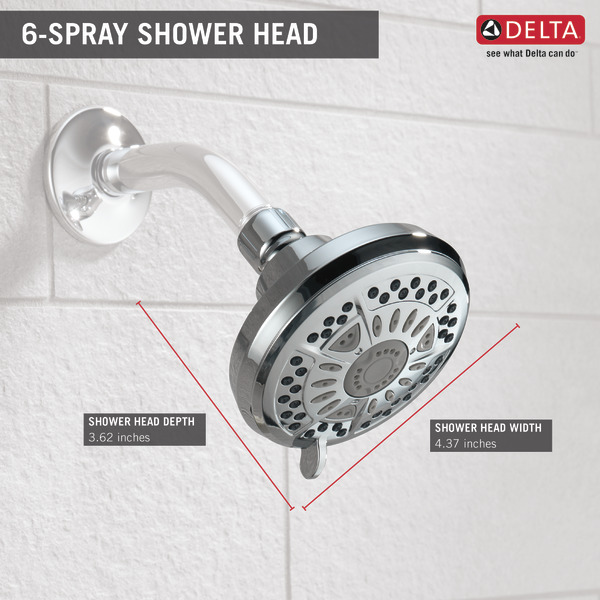 Shower Head, Delta, Wall Mount, 1.75 gpm, 1/2 in Connection, IPS, 6-Spray Function, Chrome, 4-3/8 in Dia - 3