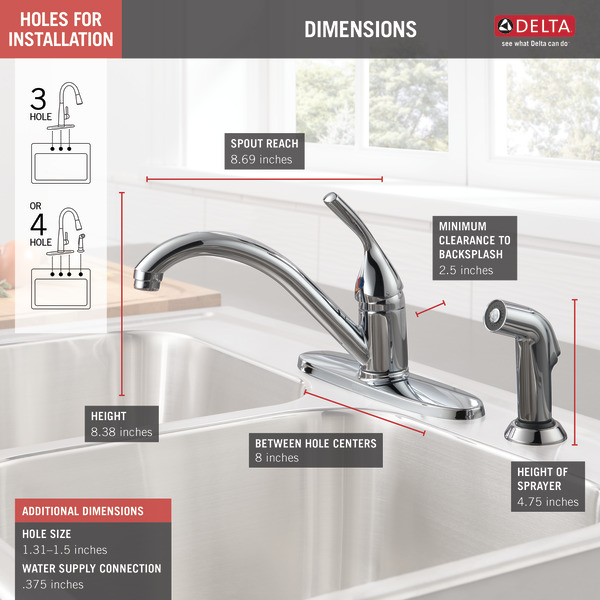 Delta Classic Series 400-SS-DST Kitchen Faucet, 1.8 gpm, 4-Faucet Hole, Metal, Stainless, Deck, 8 in Faucet Centers