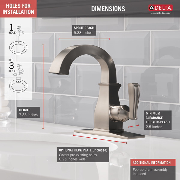 Delta LAKEWOOD Series 15718LF-SP Bathroom Faucet, 1.2 gpm, 1-Faucet Handle, Brass, Brushed Nickel, Lever Handle - 4