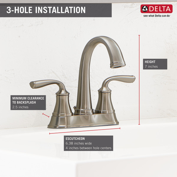 Delta Lorain Series 25716LF-SS-ECO Bathroom Faucet, 1.2 gpm, 2-Handle, 3-Faucet Hole, Stainless, Lever Handle