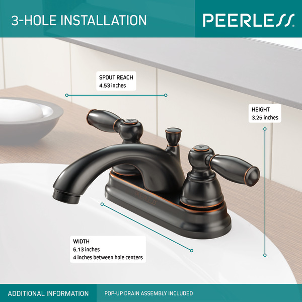 Peerless P299675LF-OB Bathroom Faucet, 1.2 gpm, 2-Handle, 3-Faucet Hole, Oiled Bronze, 4 in Faucet Centers