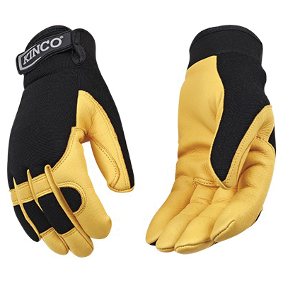 101-L Safety Gloves, Men's, L, Wing Thumb, Hook and Loop Cuff, Polyester/Spandex Back, Gold