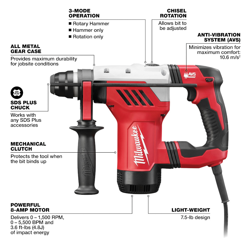 Milwaukee 5268-21 Rotary Hammer Kit, 8 A, SDS-Plus Chuck, 1-1/8 in Chuck, 0 to 5500 bpm, 0 to 1500 rpm Speed - 3