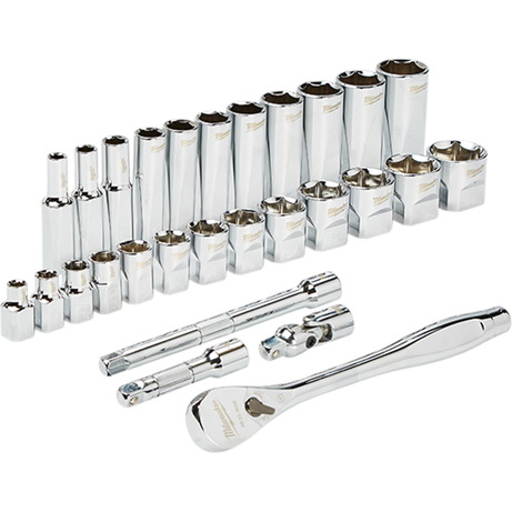 48-22-9408 Ratchet and Socket Set, Steel, Chrome, Specifications: 3/8 in Drive