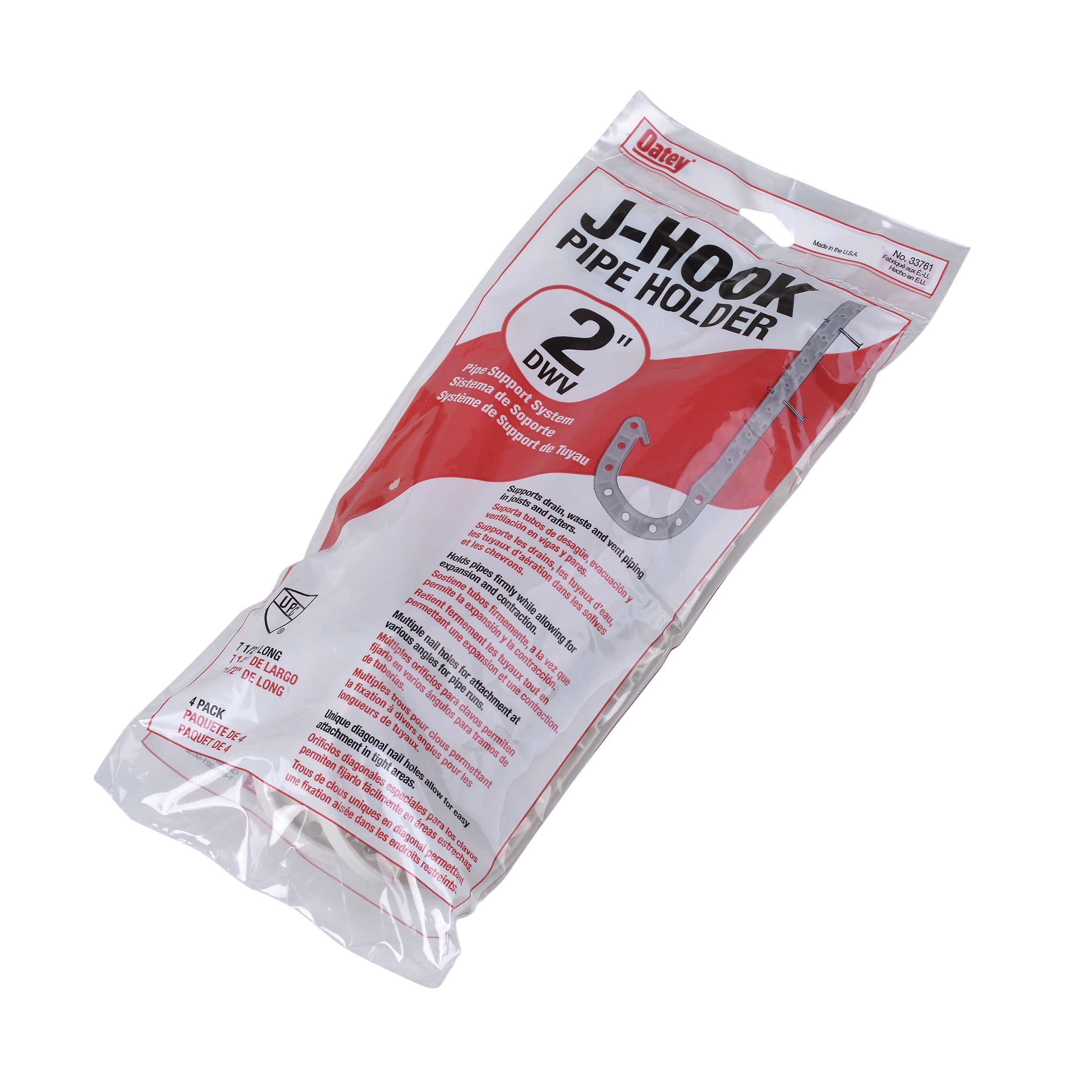 Oatey 33761 J-Hook, 2 in Opening, ABS, White, Locking Finger Mounting