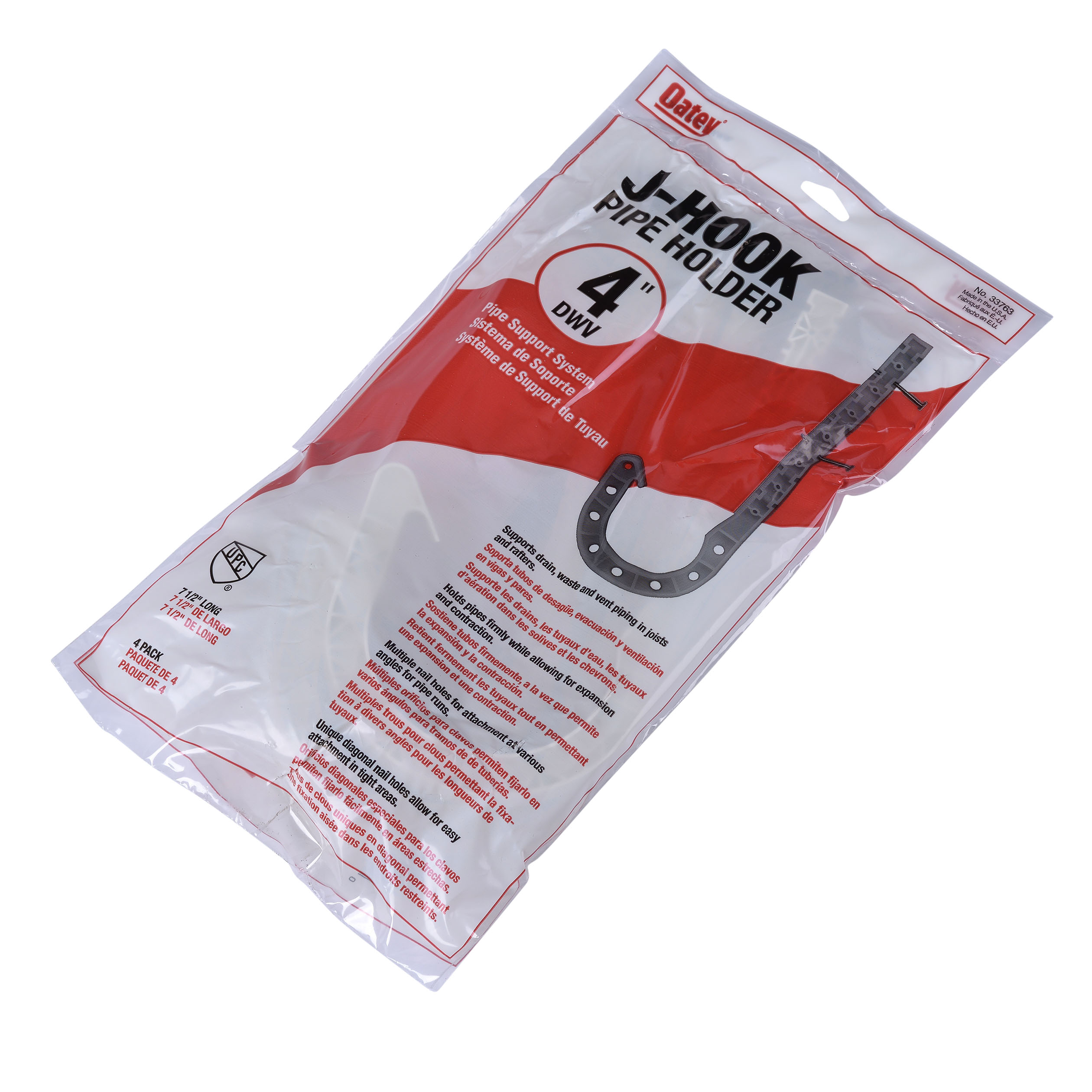 Oatey 33763 J-Hook, 4 in Opening, ABS, White, Locking Finger Mounting