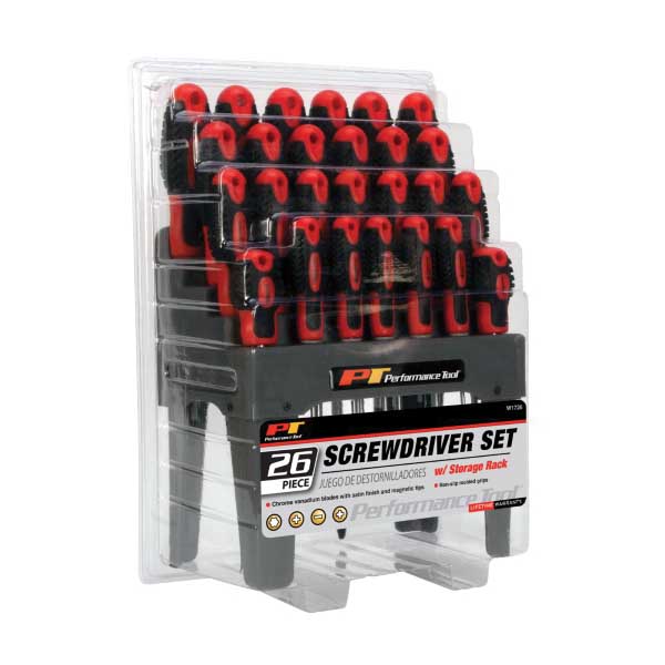 Performance Tool W1726 Screwdriver Set with Rack, 26-Piece, Chrome-Vanadium Steel, Satin