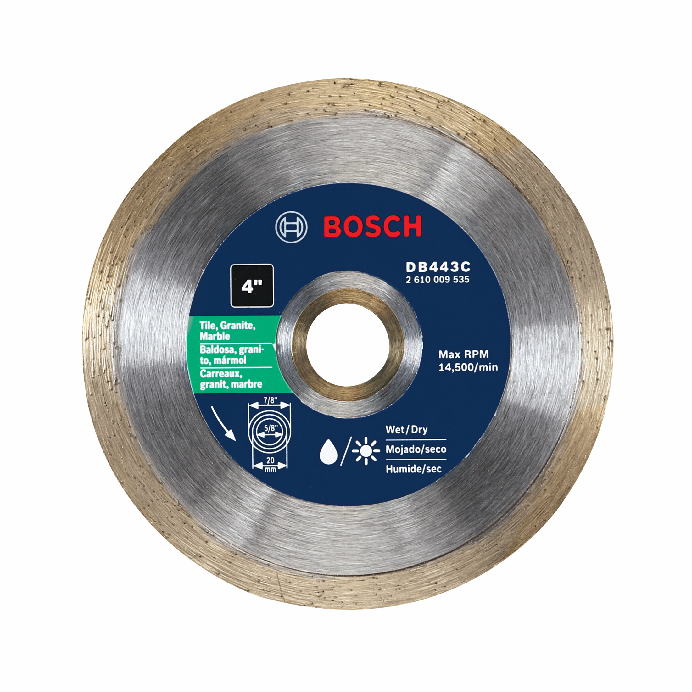 Bosch DB443C Blade, 4 in Dia, 5/8 in Arbor, Continuous Rim