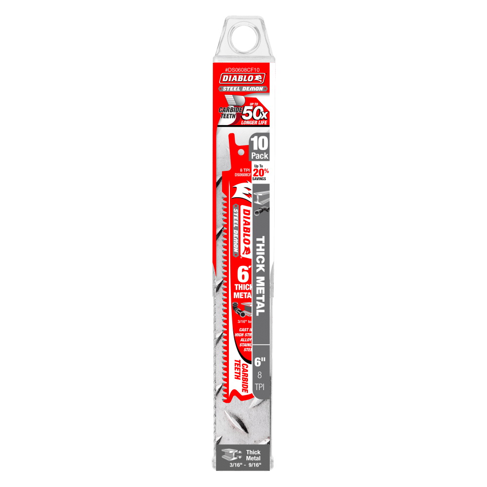 Diablo Steel Demon DS0608CF10 Reciprocating Saw Blade, 1 in W, 6 in L, 8 TPI, Carbide Cutting Edge