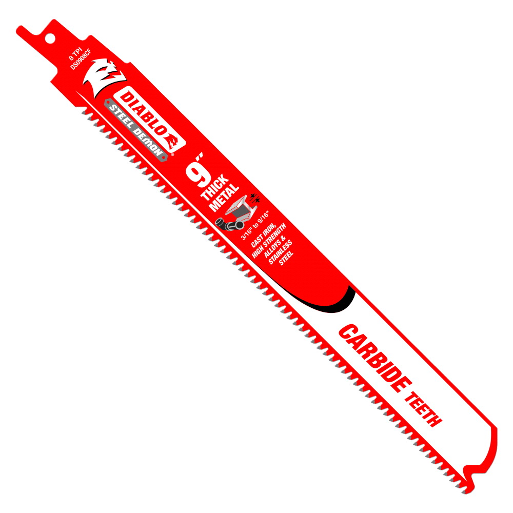 Steel Demon DS0908CF10 Reciprocating Saw Blade, 1 in W, 9 in L, 8 TPI, Carbide Cutting Edge