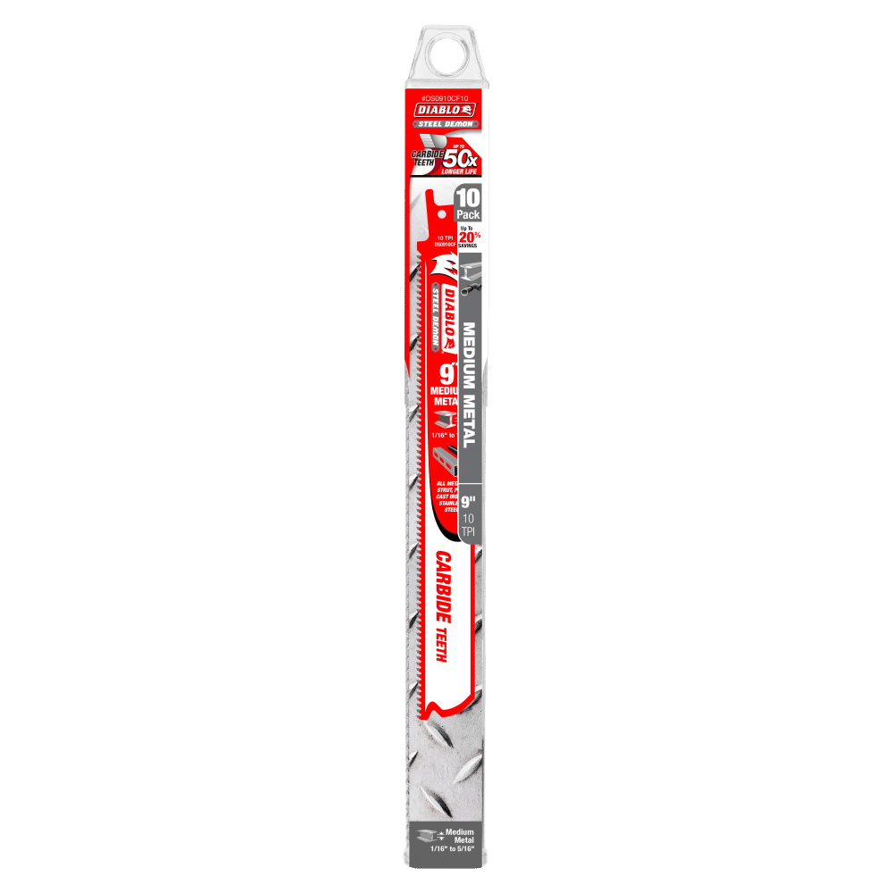 Diablo Steel Demon DS0910CF10 Reciprocating Saw Blade, 1 in W, 9 in L, 10 TPI, Carbide Cutting Edge