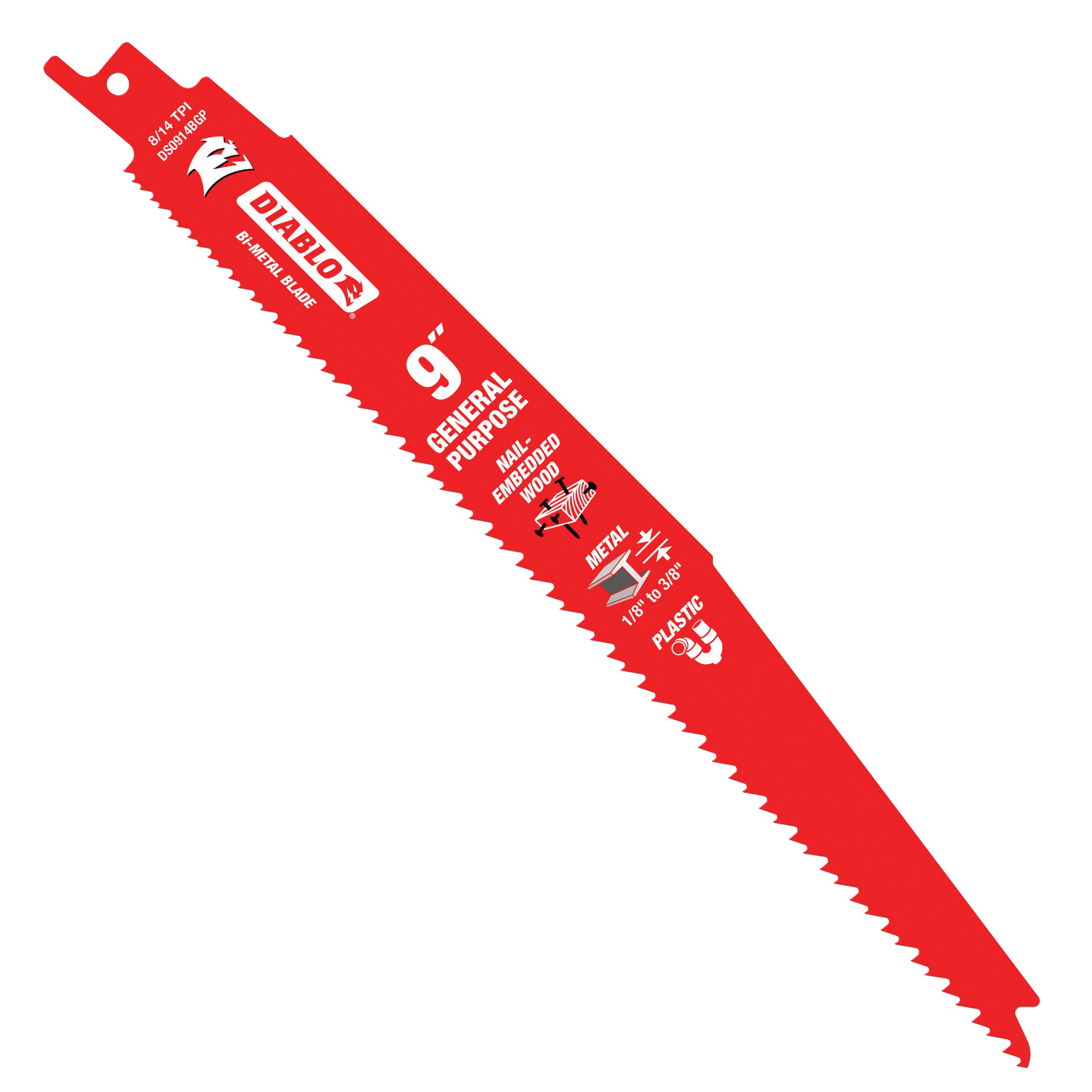 DS0914BGP25 Reciprocating Saw Blade, Applicable Materials: Clean Wood, Plastic, 1 in W, 9 in L, 8, 14 TPI