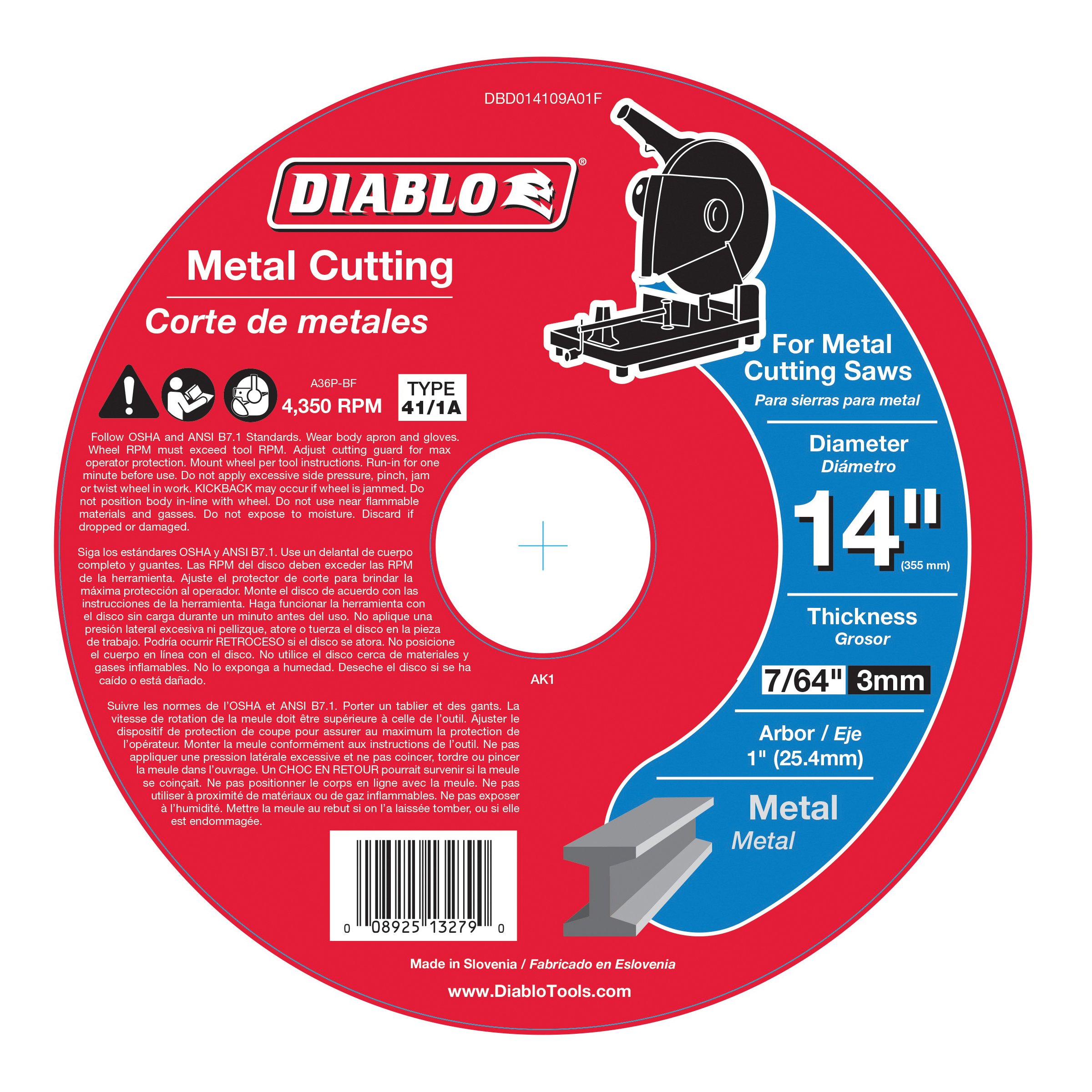 DBD014109A01F Chop Saw Disc, 14 in Dia, 1 in Arbor, Aluminum Oxide Abrasive
