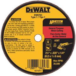 DEWALT DW8700 Cut-Off Wheel, 2-1/2 in Dia, 0.035 in Thick, 3/8 in Arbor, 60 Grit, Very Fine, Aluminum Oxide Abrasive