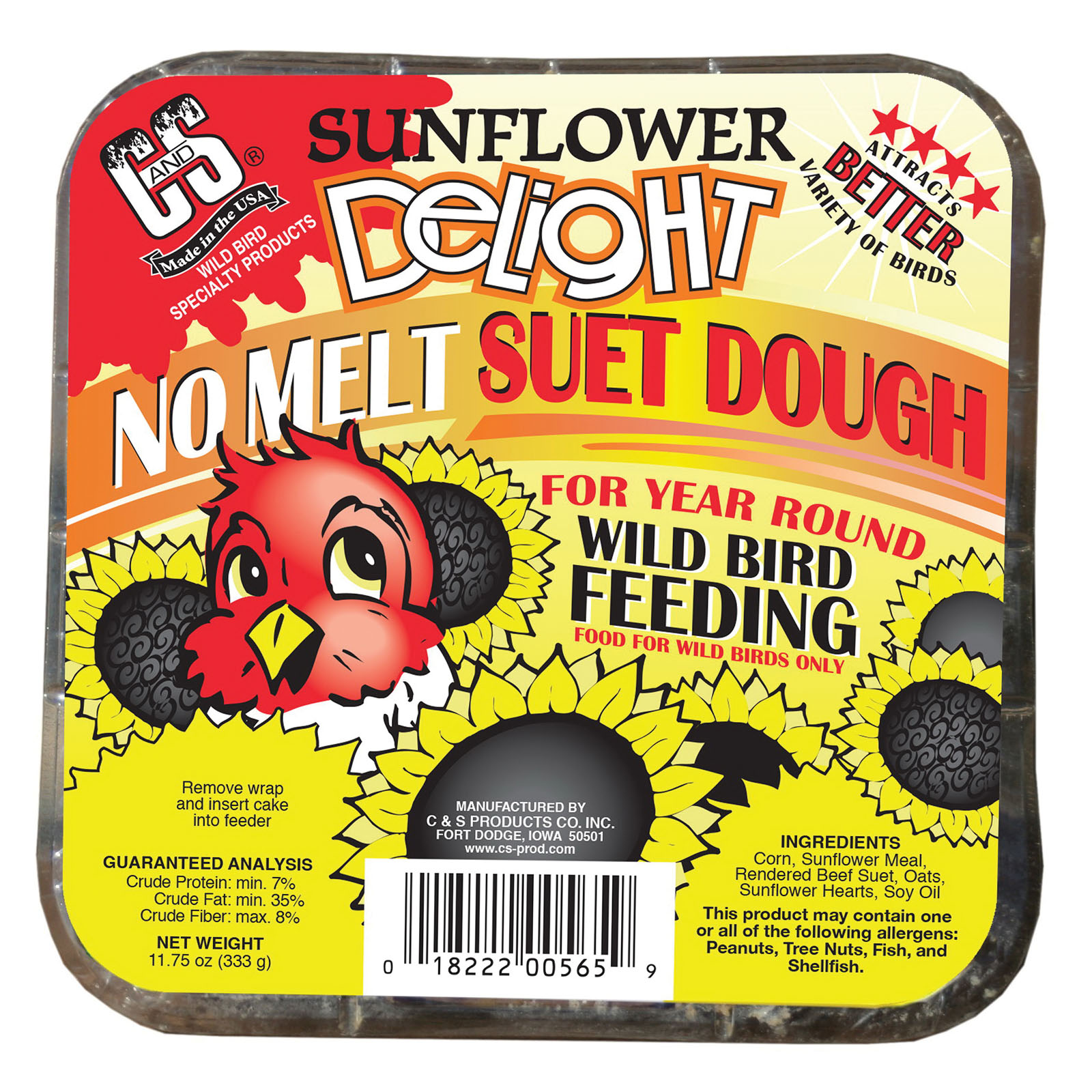 C&S No Melt Suet Dough Delights CS12565 Suet Cake, Sunflower, 11.75 oz Pack - 1