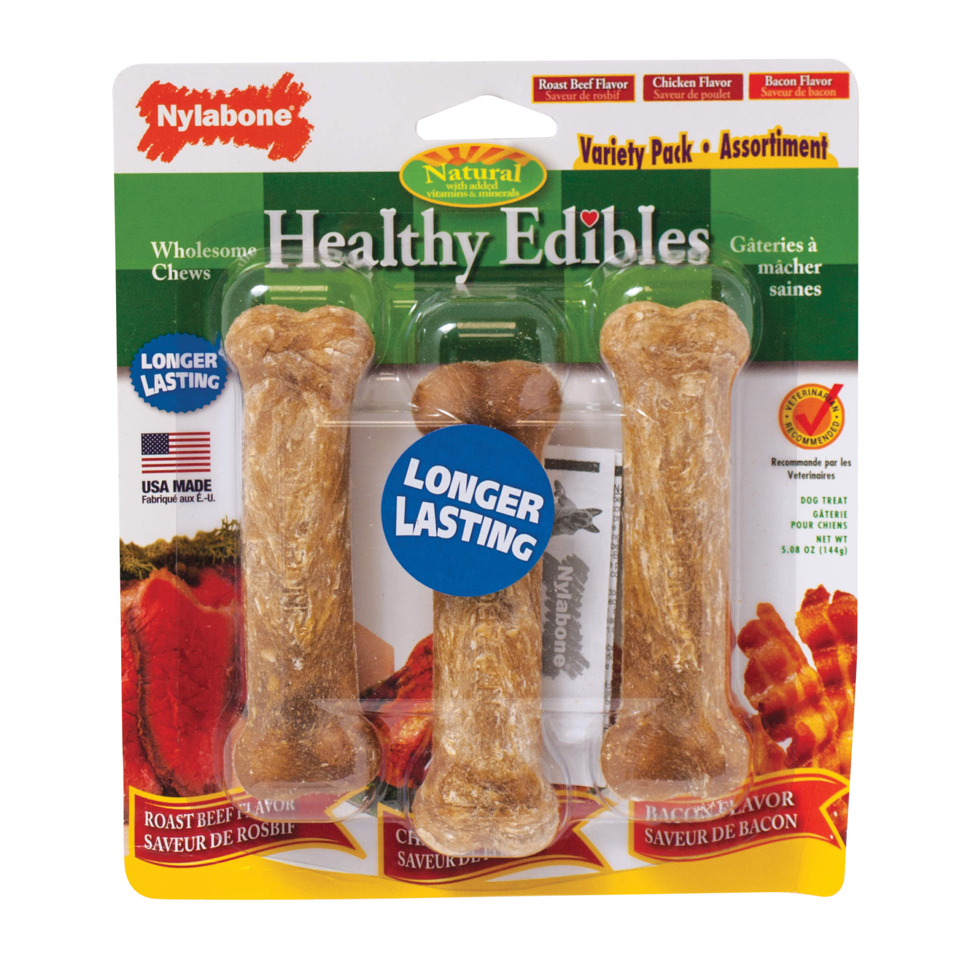 Nylabone Healthy Edibles NE106VPP Dog Chew Bone Treat, R, Bacon, Chicken, Roast Beef Flavor, 25 lb Pack