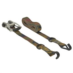 K Series Ratchet Tie-Down Strap, Keeper, 1-1/4 in W, 16 ft L, Camouflage, 1000 lb, J-Hook End Fitting, 2 pk - 2