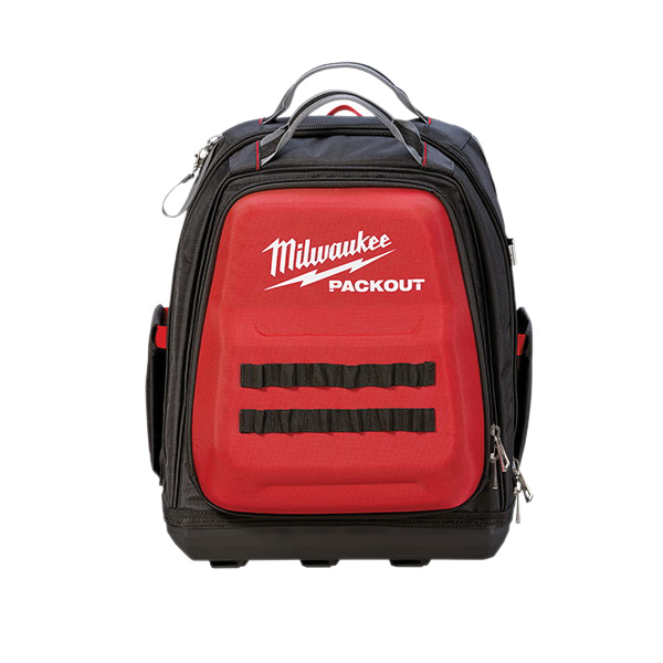 PACKOUT 48-22-8301 Tool Backpack, 11.81 in W, 15-3/4 in D, 15-3/4 in H, 48-Pocket, Polyester, Black/Red