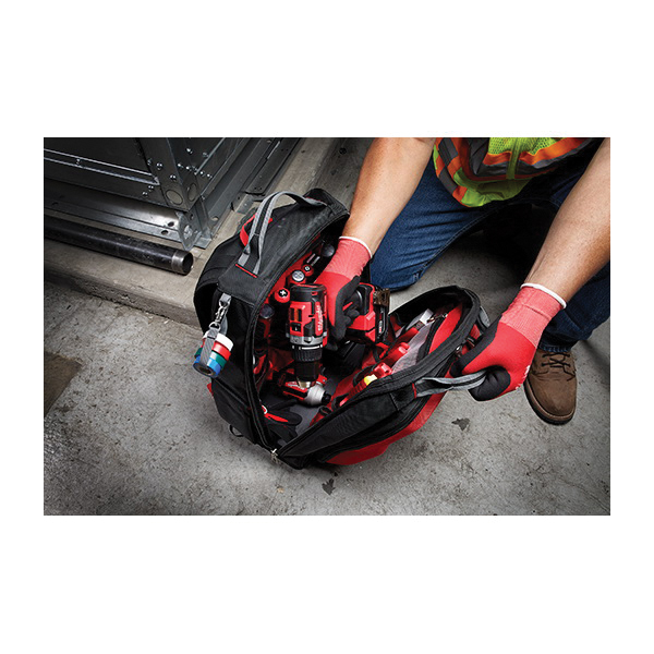 Milwaukee PACKOUT 48-22-8301 Tool Backpack, 11.81 in W, 15-3/4 in D, 15-3/4 in H, 48-Pocket, Polyester, Black/Red