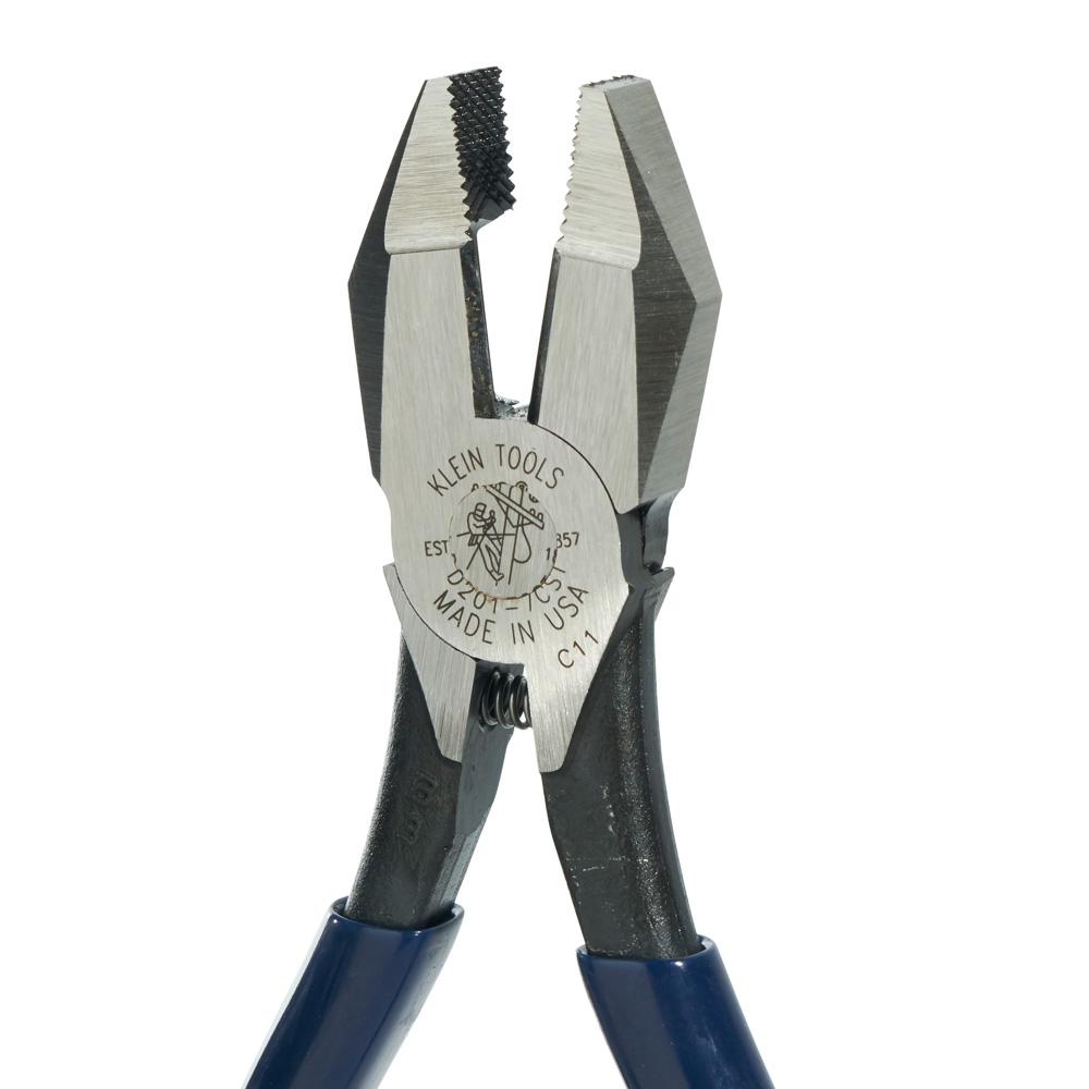 Klein Tools D201-7CST Ironworker's Plier with Spring, 9.19 in OAL, Blue Handle, Hook Bend Handle, 1.156 in W Jaw
