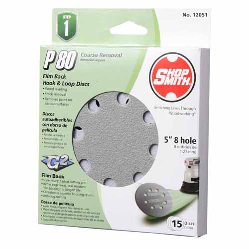 Shopsmith 12051 Sanding Disc, 5 in Dia, 80 Grit, Coarse, Aluminum Oxide Abrasive, 8-Hole, Vented