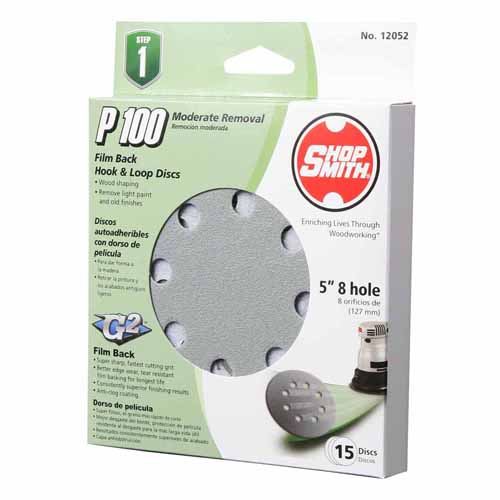 Shopsmith 12052 Sanding Disc, 5 in Dia, 100 Grit, Aluminum Oxide Abrasive, 8-Hole, Vented