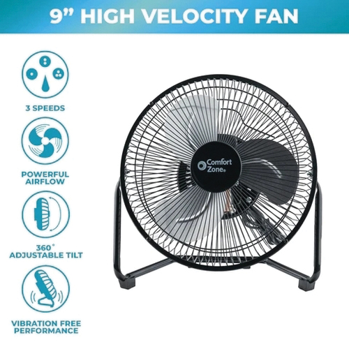 Comfort Zone CZHV9B High-Velocity Cradle Fan, 120 V, 9 in Dia Blade, 3-Speed, 136 cfm Air, Black