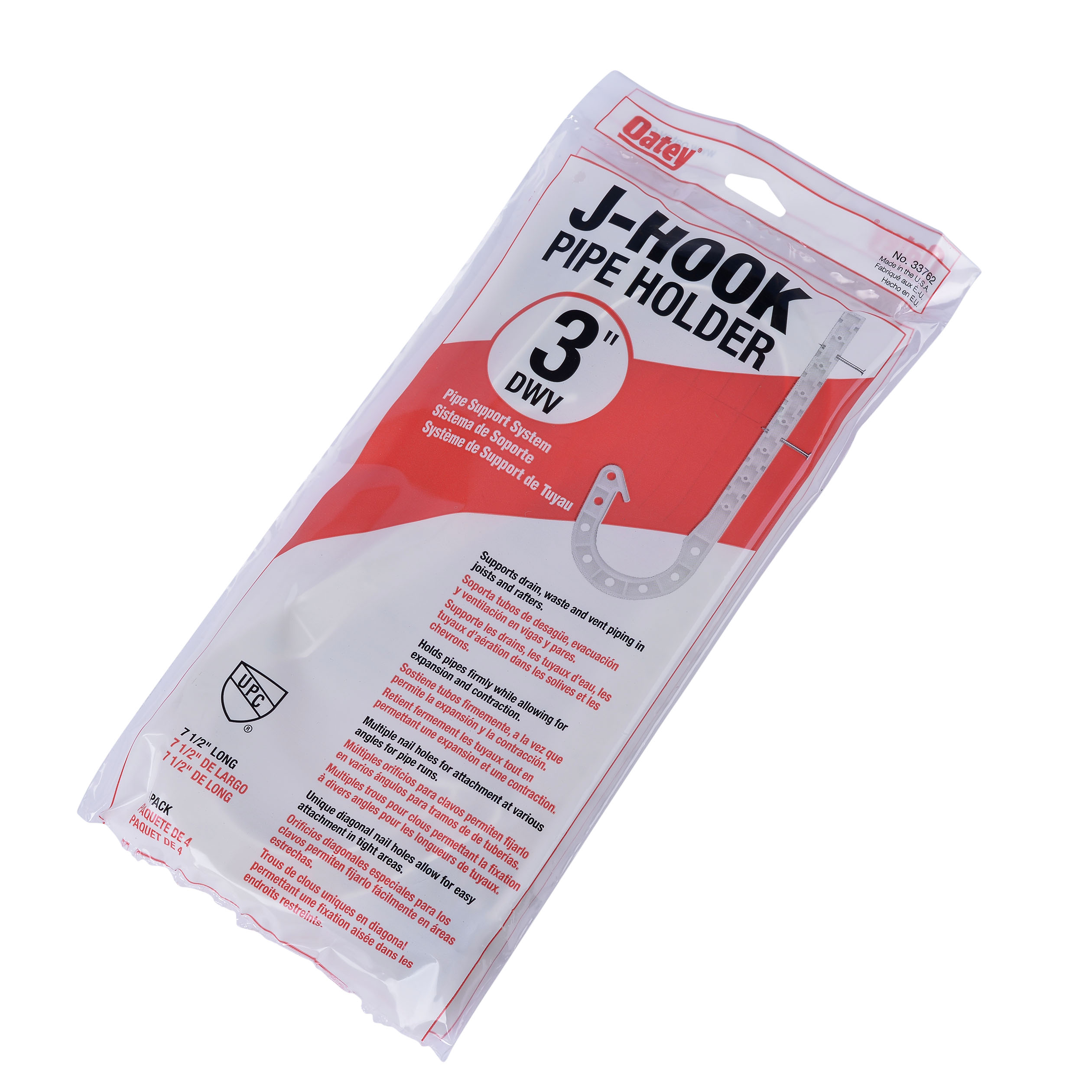 Oatey 33762 J-Hook, 3 in Opening, ABS, White