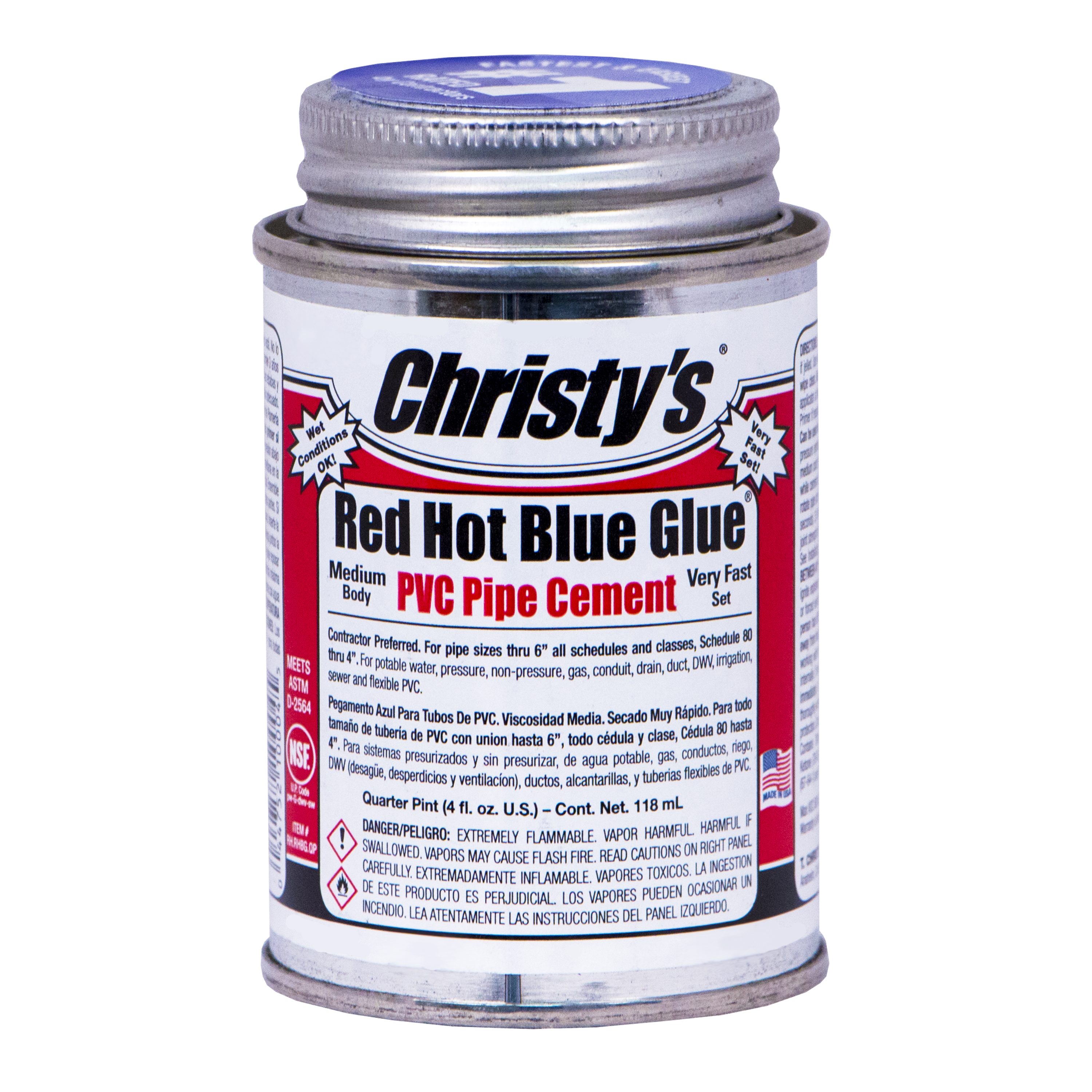 Red Hot Blue Glue, Christy's, PVC Pipe Cement, 4 oz, Liquid, Blue - 1