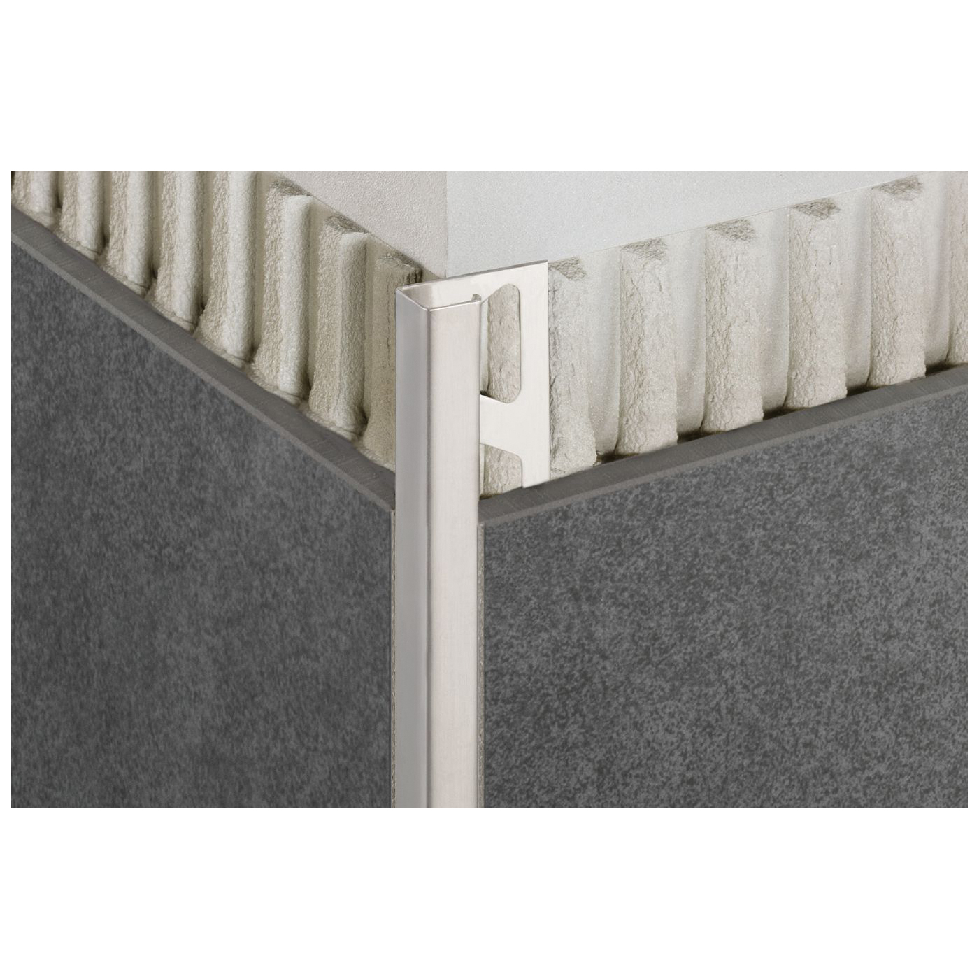 SCHLUTER QUADEC PROFILE TILE SQUARE EDGE TRIM, 8 FT L, 3/8 IN H, ALUMINUM, STONE GREY, TEXTURED - 1