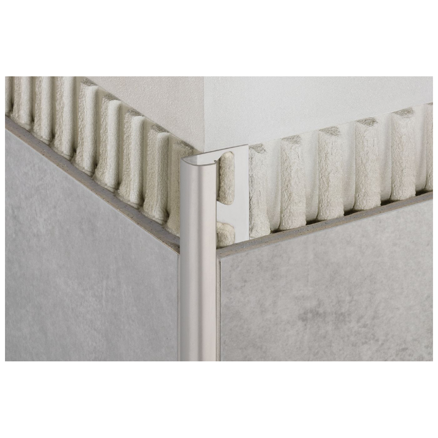 SCHLUTER RONDEC PROFILE TILE BULLNOSE TRIM, 8 FT L, 3/8 IN H, ALUMINUM, STONE GREY, TEXTURED - 1