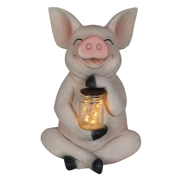 13707 Garden Statue, 11 in H, Pig With Lighted Fireflies, Glass/Resin