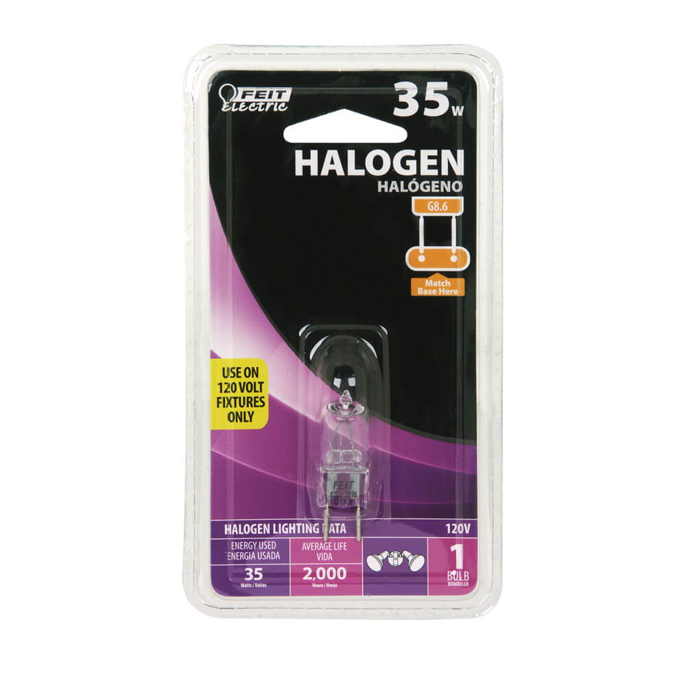 Feit Electric BPQ35/8.6 Halogen Bulb, 35 W, Candelabra GY8.6 Lamp Base, JCD T4 Lamp, 3000 K Color Temp - 2