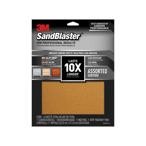 3M 20000-G-4 Sandpaper Sheet, 11 in L, 9 in W, 80, 120, 180, 220 Grit, Aluminum Oxide Abrasive, Ceramic Backing