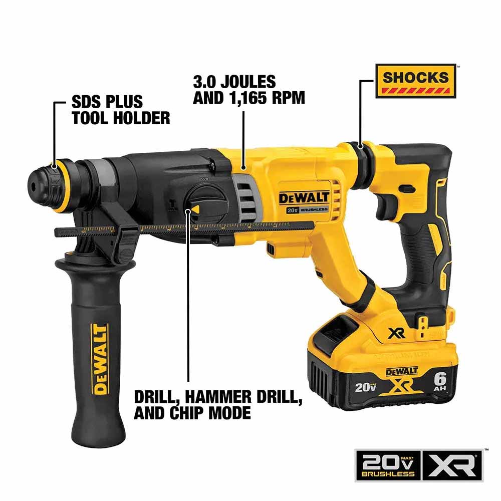 DEWALT 20V MAX DCH263R2 Brushless Cordless Rotary Hammer Kit, Battery Included, 20 V, 6 Ah, 1-1/8 in Chuck - 2