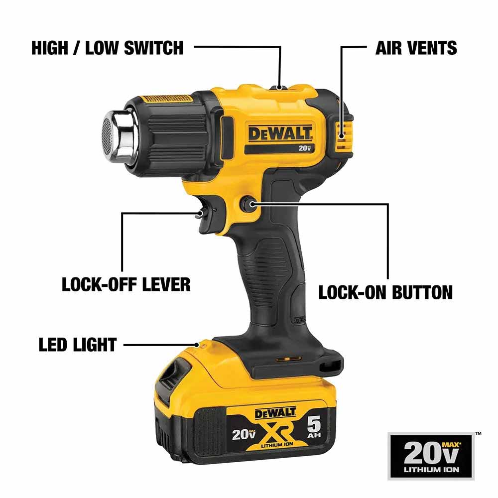 DEWALT 20V MAX DCE530P1 Cordless Heat Gun Kit, Battery Included, 20 V, 5 Ah, 6.7 cfm Air, 990 deg F - 3