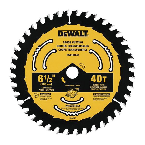 DeWALT DWA161240 Circular Saw Blade, 6-1/2 in Dia, 5/8 in Arbor, 40-Teeth