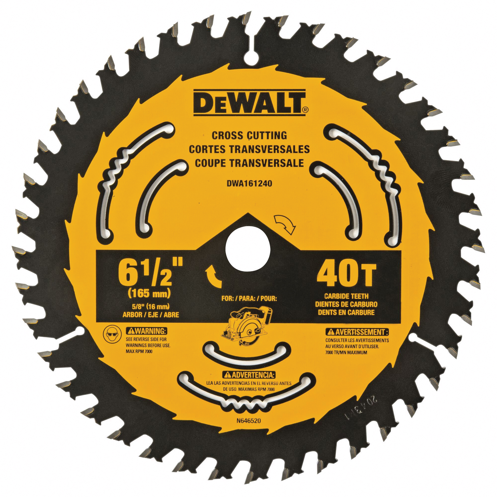 DEWALT DWA161240 Circular Saw Blade, 6-1/2 in Dia, 5/8 in Arbor, 40-Teeth, Tungsten Carbide Cutting Edge - 3