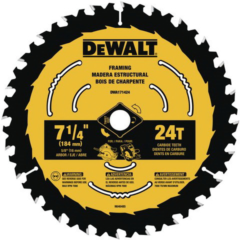 DeWALT DWA171424 Circular Saw Blade, 7-1/4 in Dia, 5/8 in Arbor, 24-Teeth, Applicable Materials: Wood, 1/PK