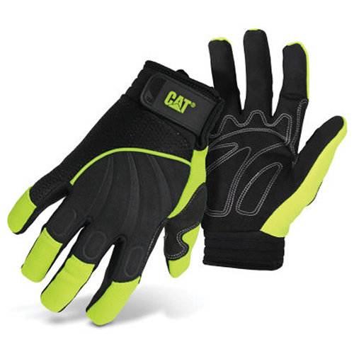 CAT012224-X Mechanic Gloves, Men's, XL, Adjustable Wrist Cuff, Synthetic Leather, Green