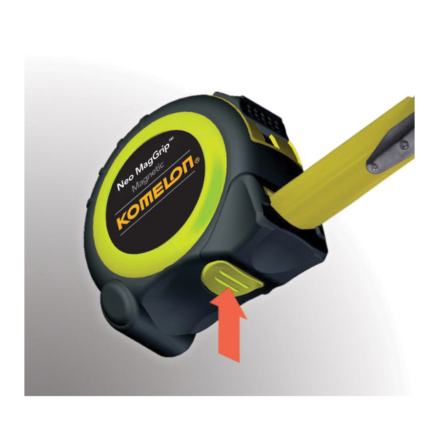 Neo MagGrip Tape Measure, Komelon, 25 ft L, 1 in W, Steel Blade, Rubber Case, Black/Yellow Case - 3