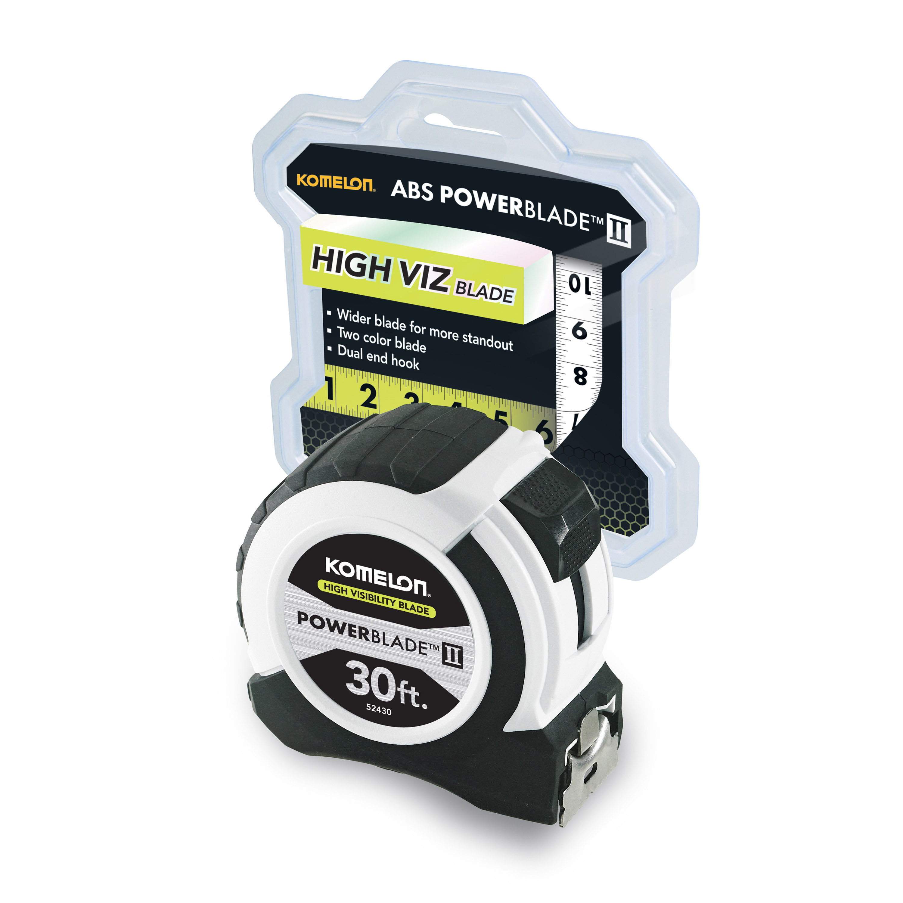 Tape Measure, Komelon, Powerblade II, 30 ft L, 1-1/16 in W, Steel Blade, ABS Case, Black/White Case - 1