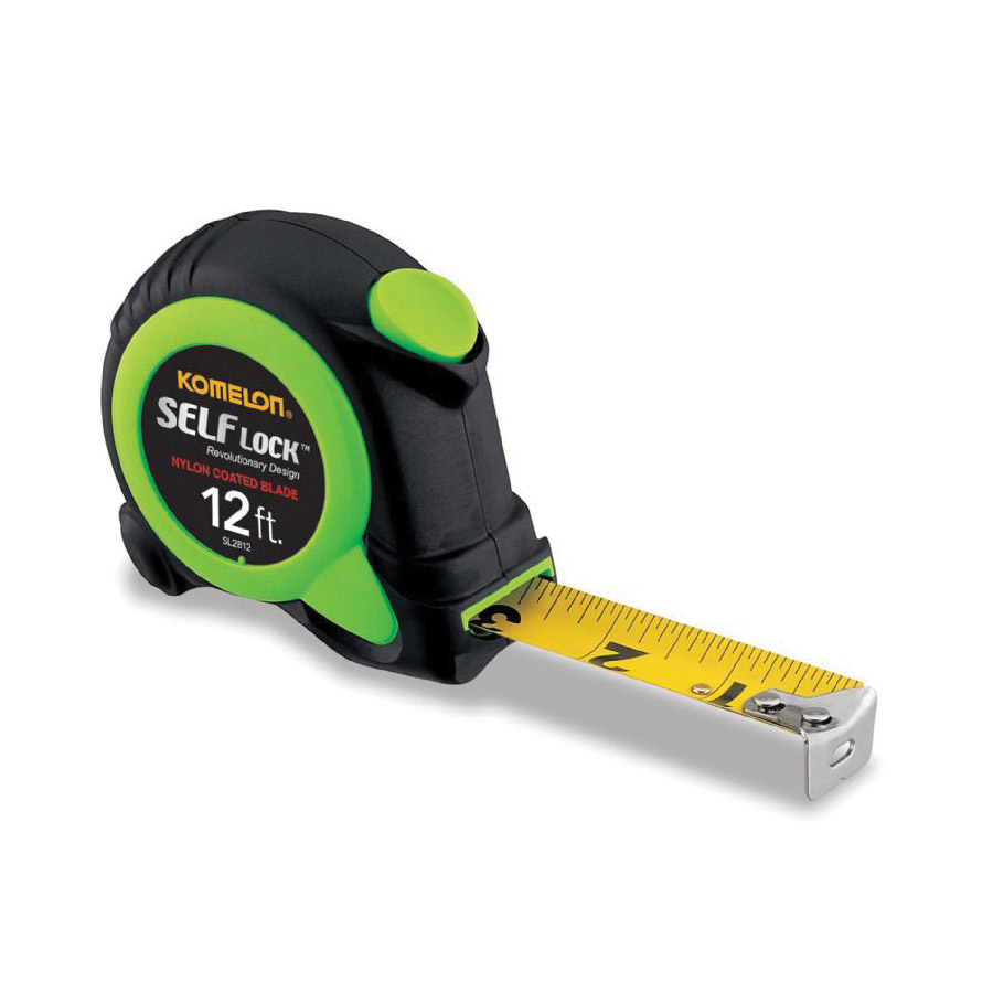 Self LOCK Measuring Tape, Komelon, 12 ft L, 5/8 in W, Steel Blade, ABS/Rubber Case, Green Case - 2