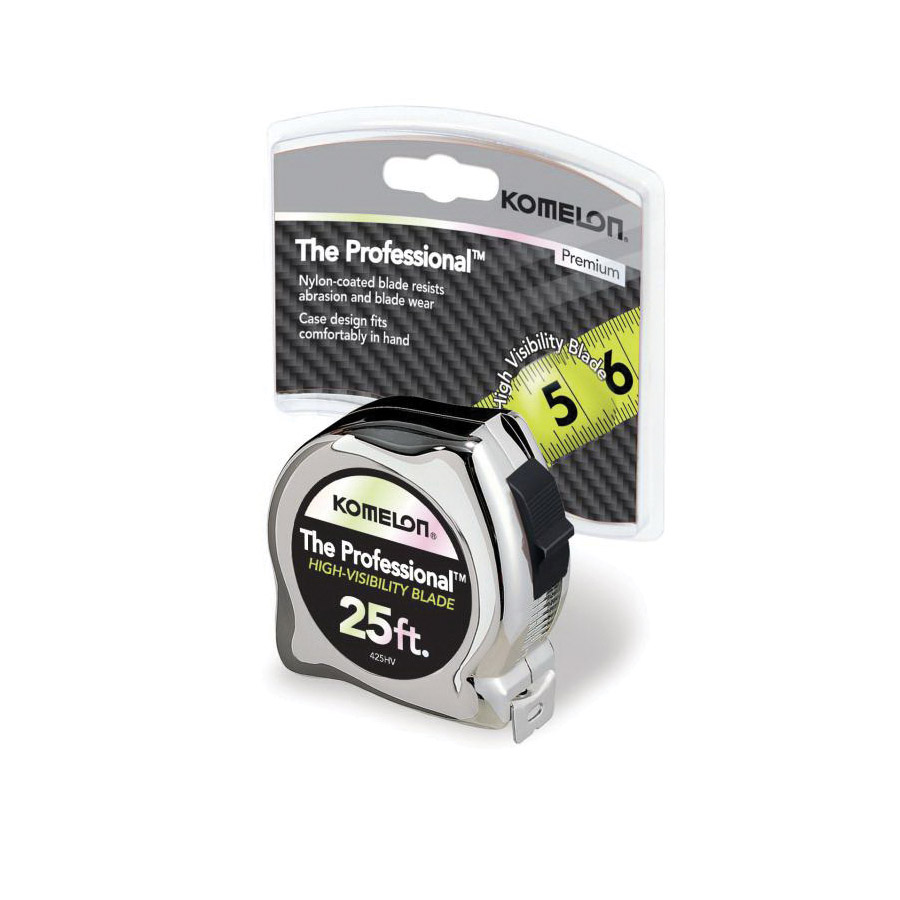 The Professional Tape Measure, Komelon, 25 ft L, 1 in W, Steel Blade, ABS Chrome Case - 2
