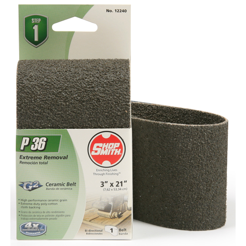 Shopsmith 12240 Sanding Belt, 3 in W, 21 in L, 36 Grit, Coarse, Ceramic Abrasive