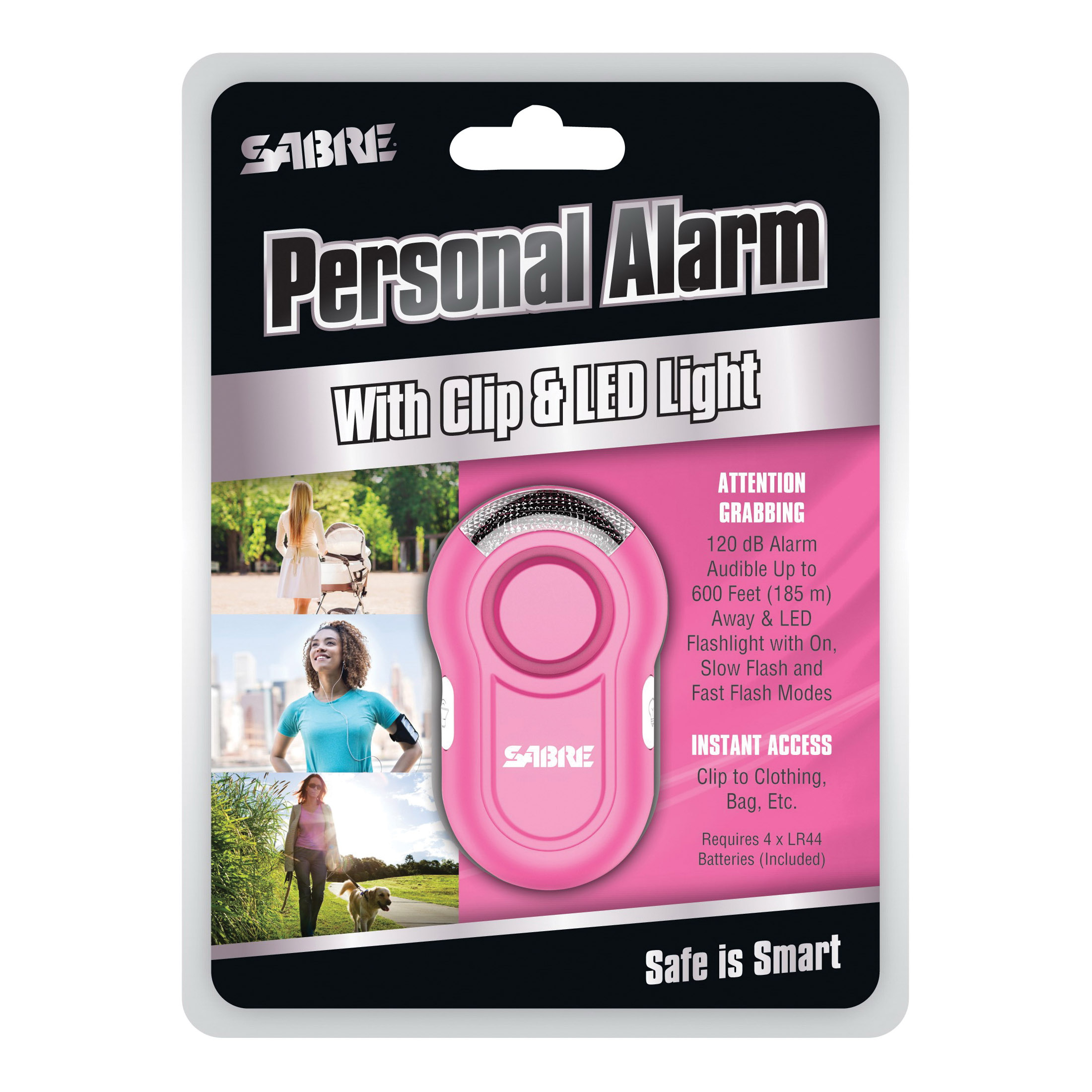 Sabre PA-CLIP-BK Personal Alarm with Clip and LED Light, 120 dB, 600 ft Audible Range, Plastic, Black