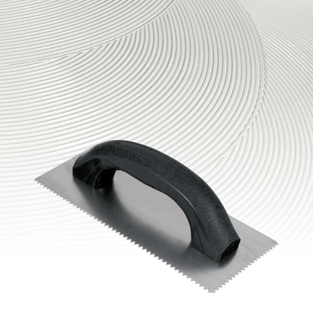 QEP 10115Q Economy Notched Trowel, 9 in L, 4 in W, V Notch, Black Handle