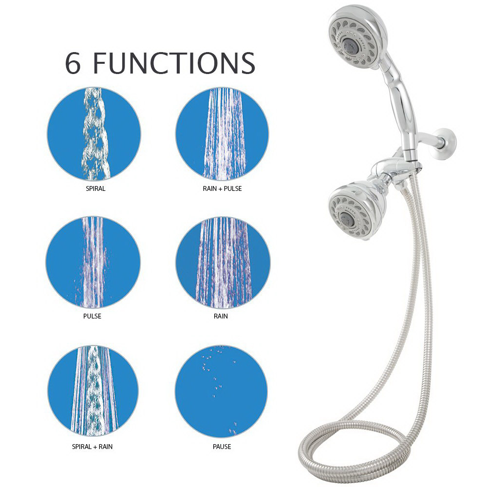 Hydrospin Handheld Shower Combo and Fixed Shower Head Kit, Waxman, 6-Spray Function, Chrome, 72 in L Hose - 1
