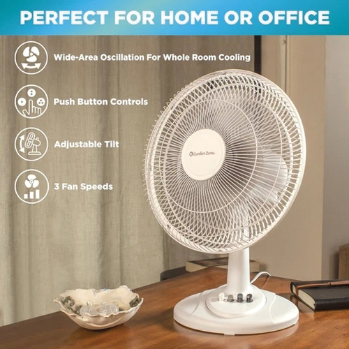 Comfort Zone CZ121BW Oscillating Table Fan, 12 in Dia Blade, 3-Speed, 210 cfm Air, White